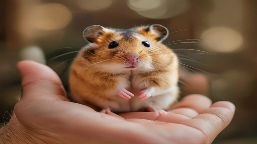 Hamster sirio socializado explorando a mao do tutor