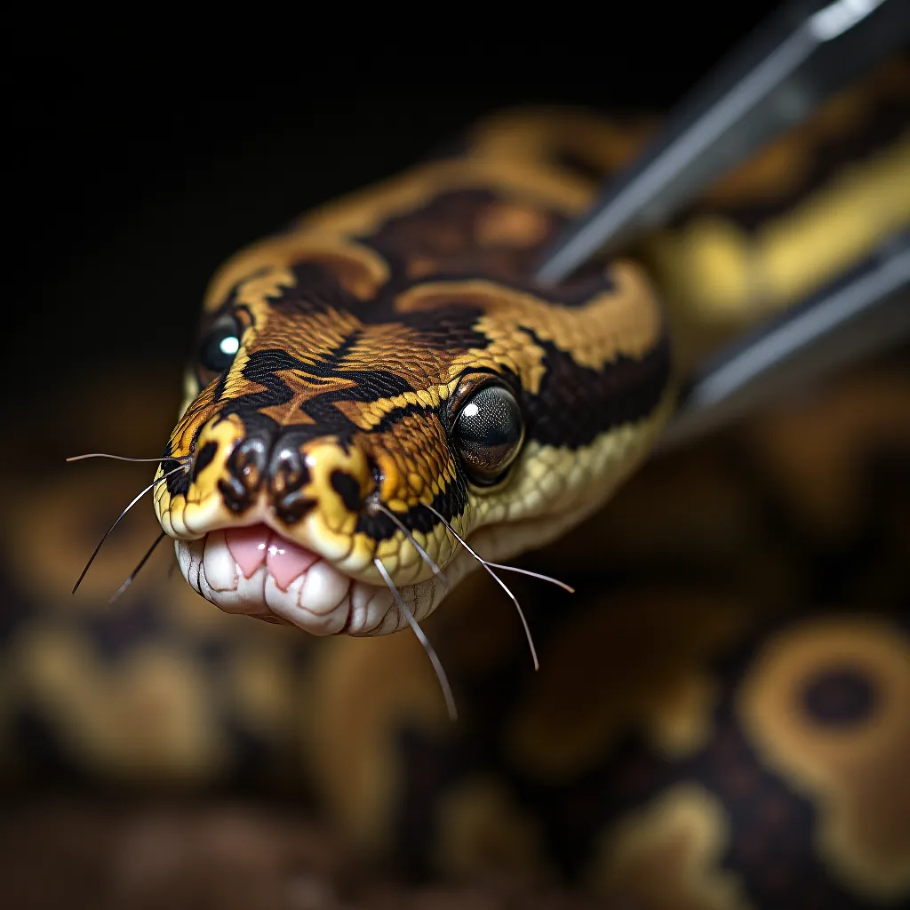 Alimentação da ball python com presa pré-morta usando pinças — técnica segura