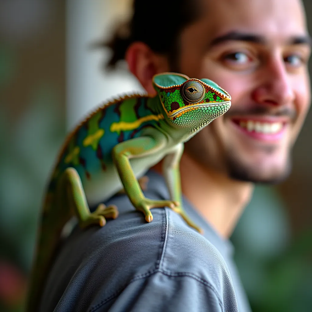 Camaleão-velado pousado no ombro — comportamento e stress do animal