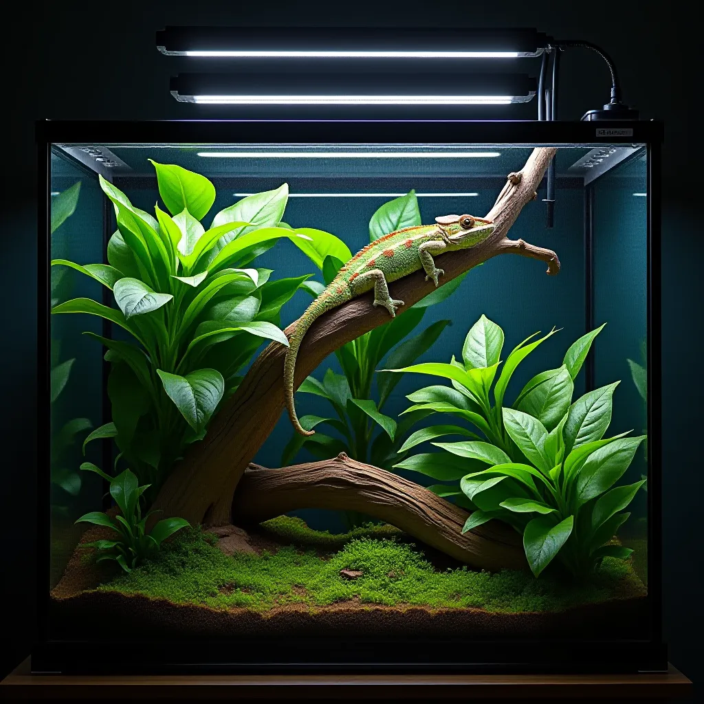 Terrário de tela para camaleão-velado com plantas e sistema de nebulização