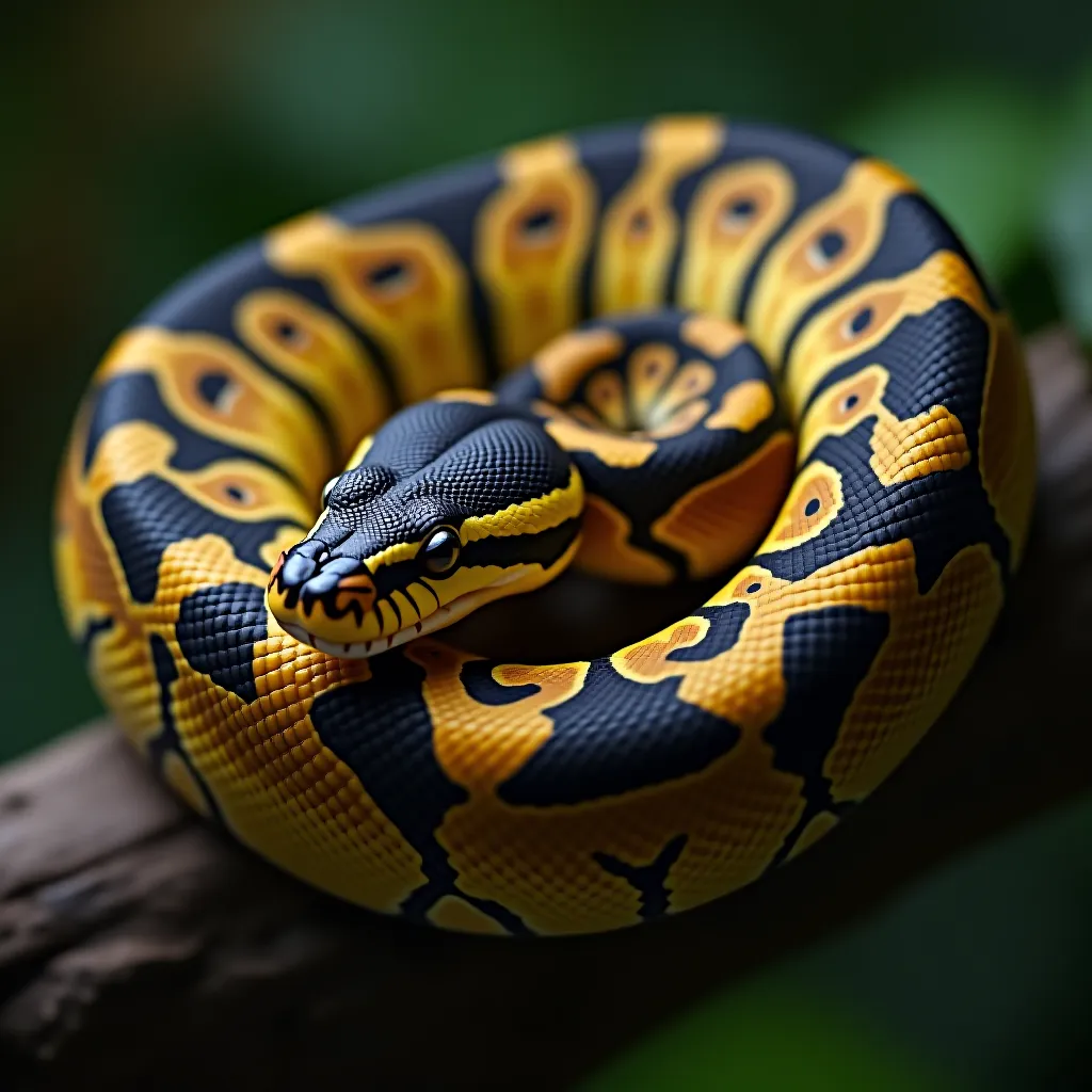 Ball python enrolada em galho mostrando padroes de escamas — serpente pet docil para iniciantes