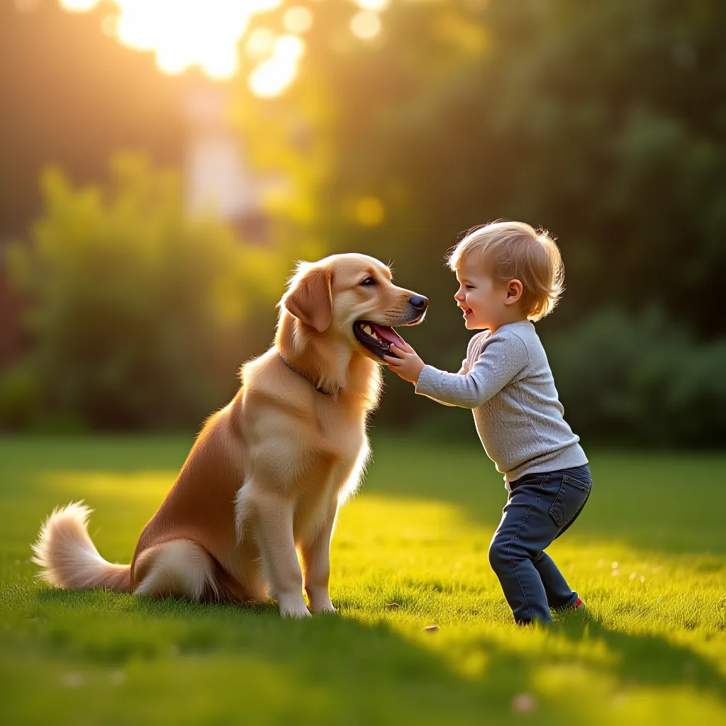 Golden Retriever brincando com criança — temperamento familiar