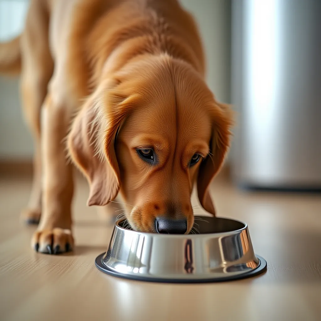 Golden Retriever a comer da tigela — alimentação de qualidade