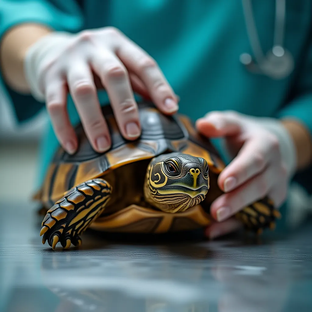 Veterinario examinando carapaca de jabuti