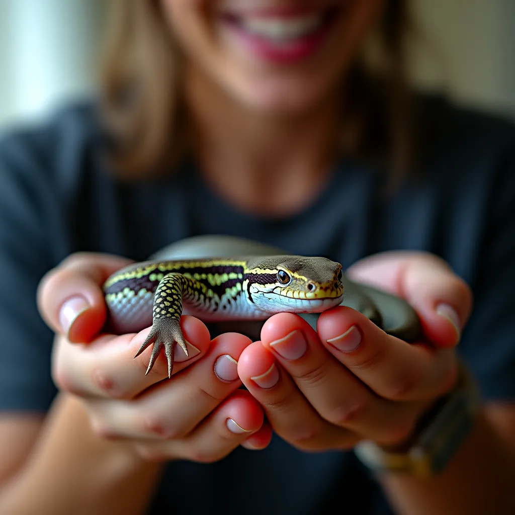 Skink língua azul sendo manuseado com calma