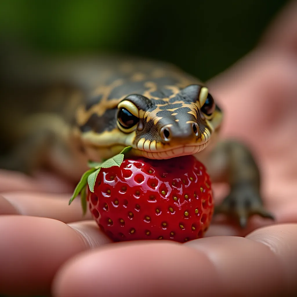 Skink língua azul comendo morango da mão