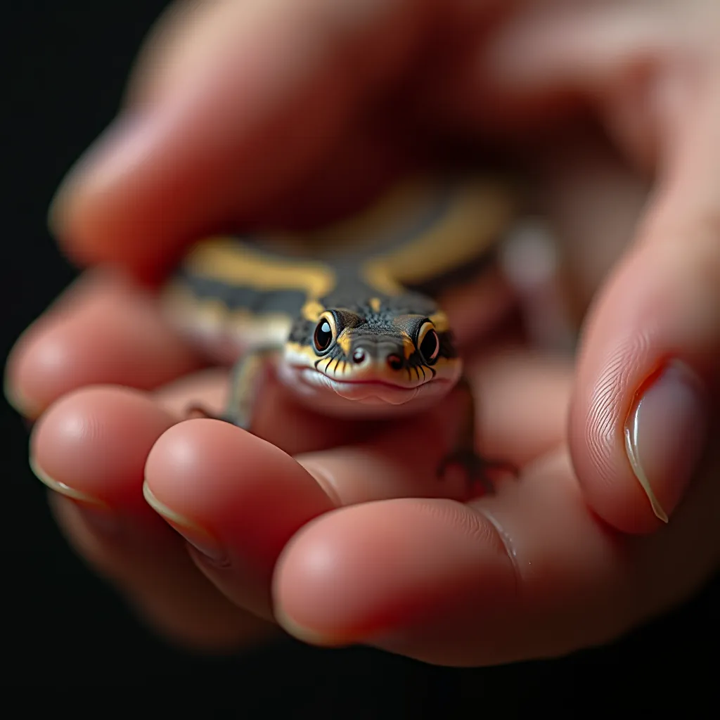 Filhote de skink língua azul nas mãos do criador