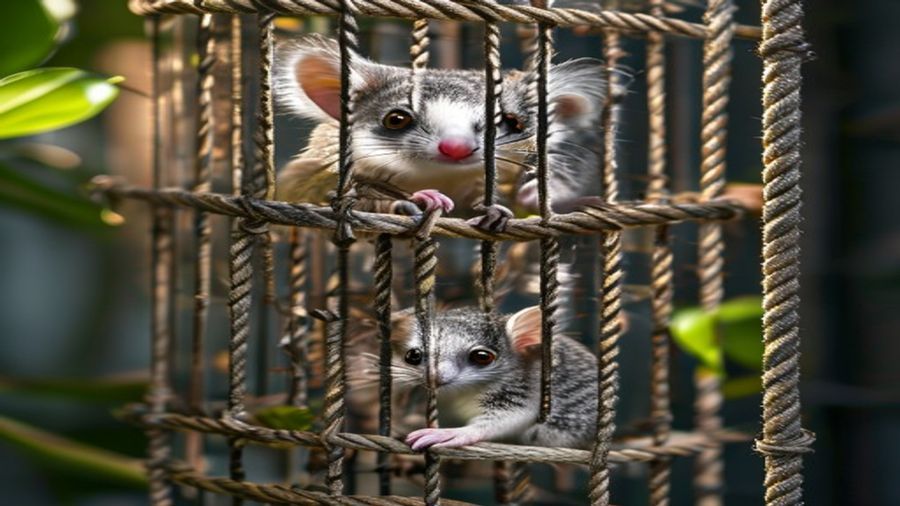 Gaiola vertical adequada para sugar glider com galhos, cordas e bolsa de ninho