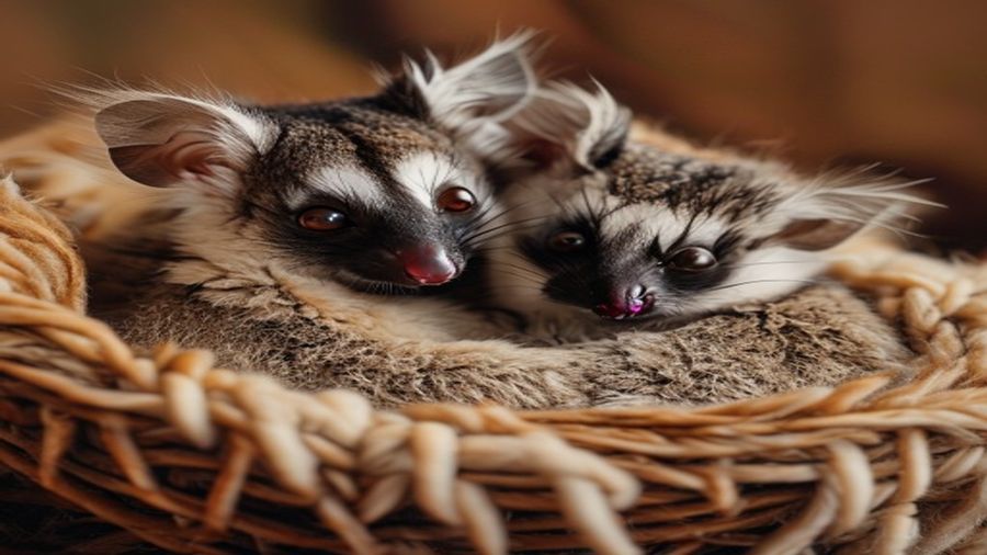 Par de sugar gliders se vinculando dentro de bolsa de ninho, animais sociais