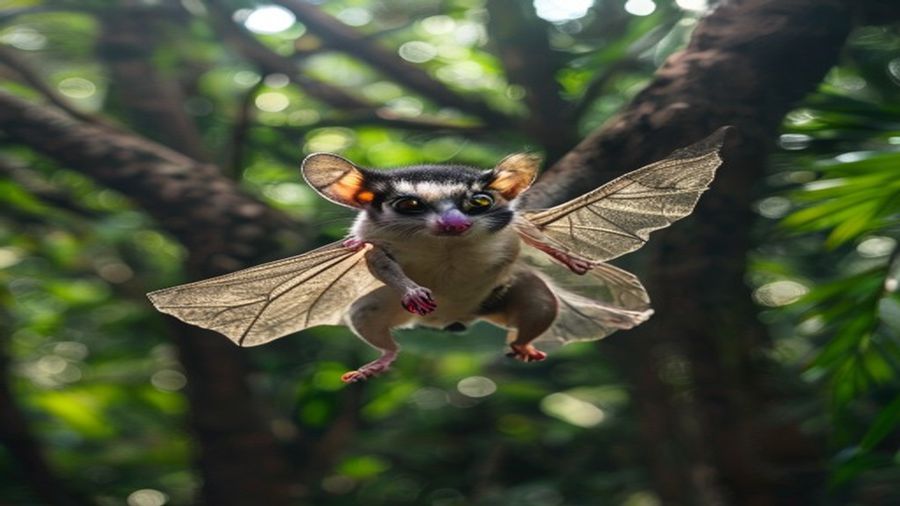 Sugar glider estendendo o patagium e planejando entre galhos de árvores tropicais
