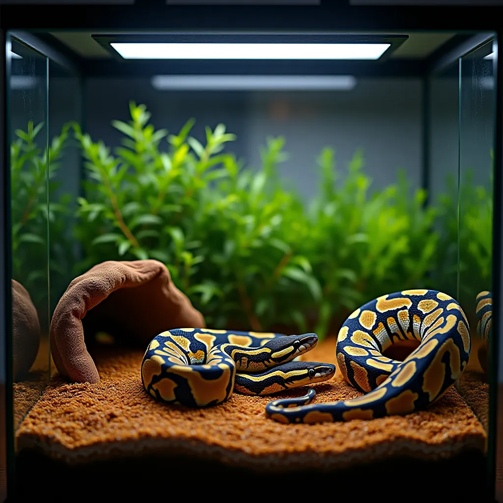 Terrário ideal para ball python com substrato, esconderijas e gradiente térmico configurado