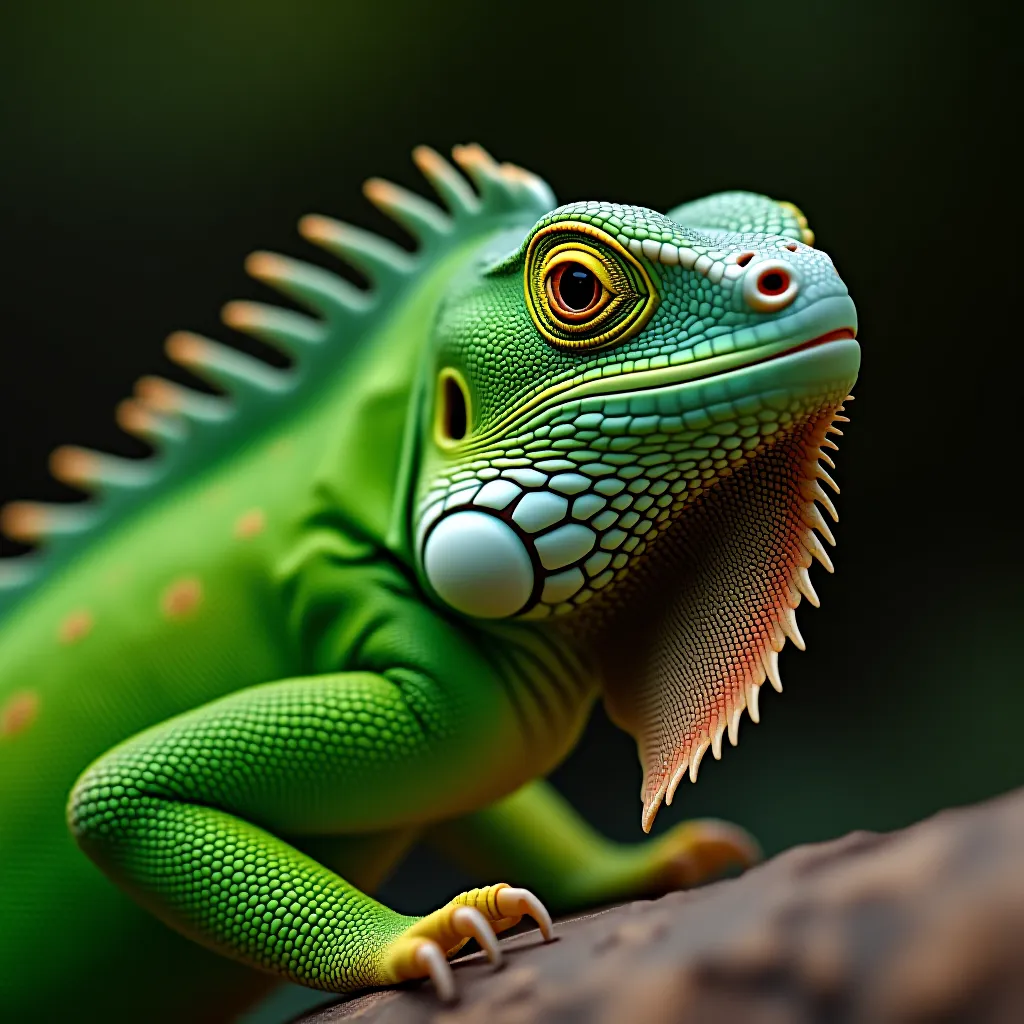 Filhote de iguana verde com escamas brilhantes e olhos alaranjados