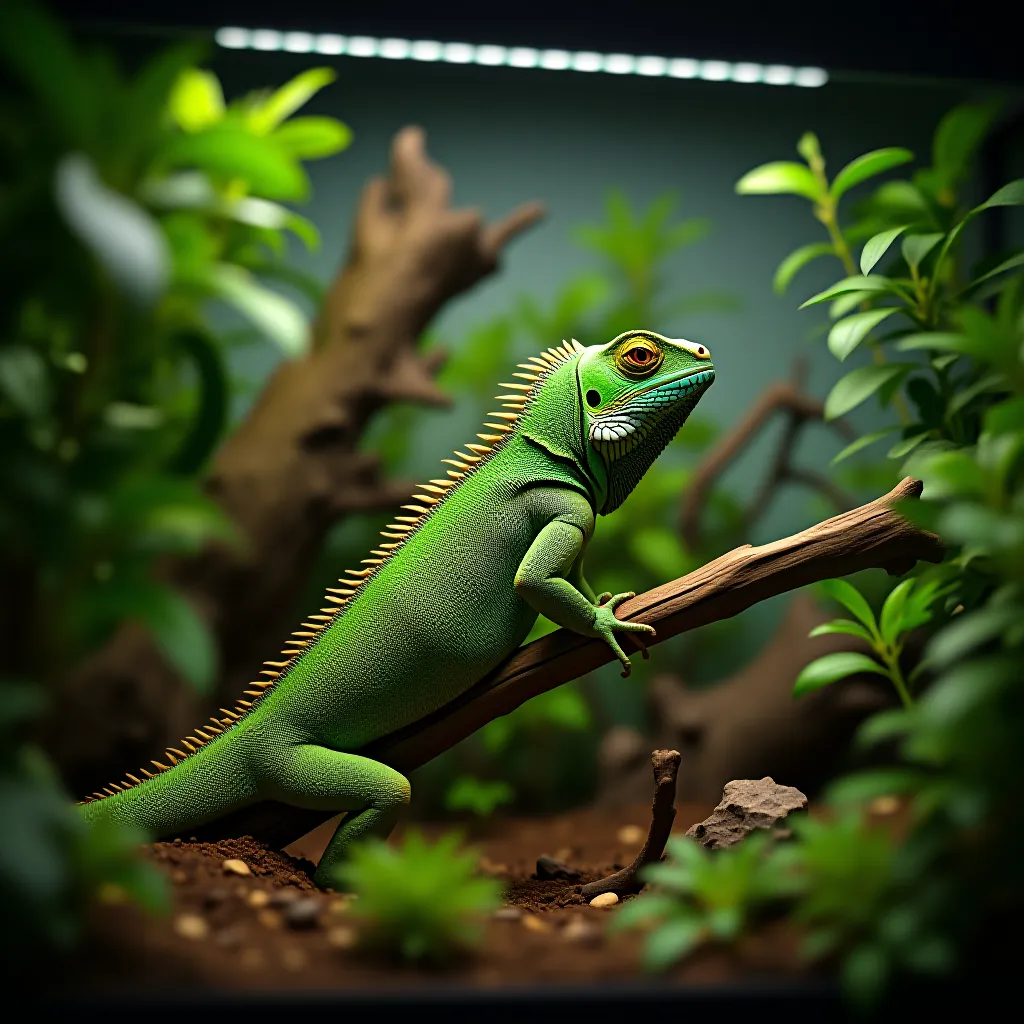 Terrário para iguana verde com iluminação UV-B e galhos para escalada