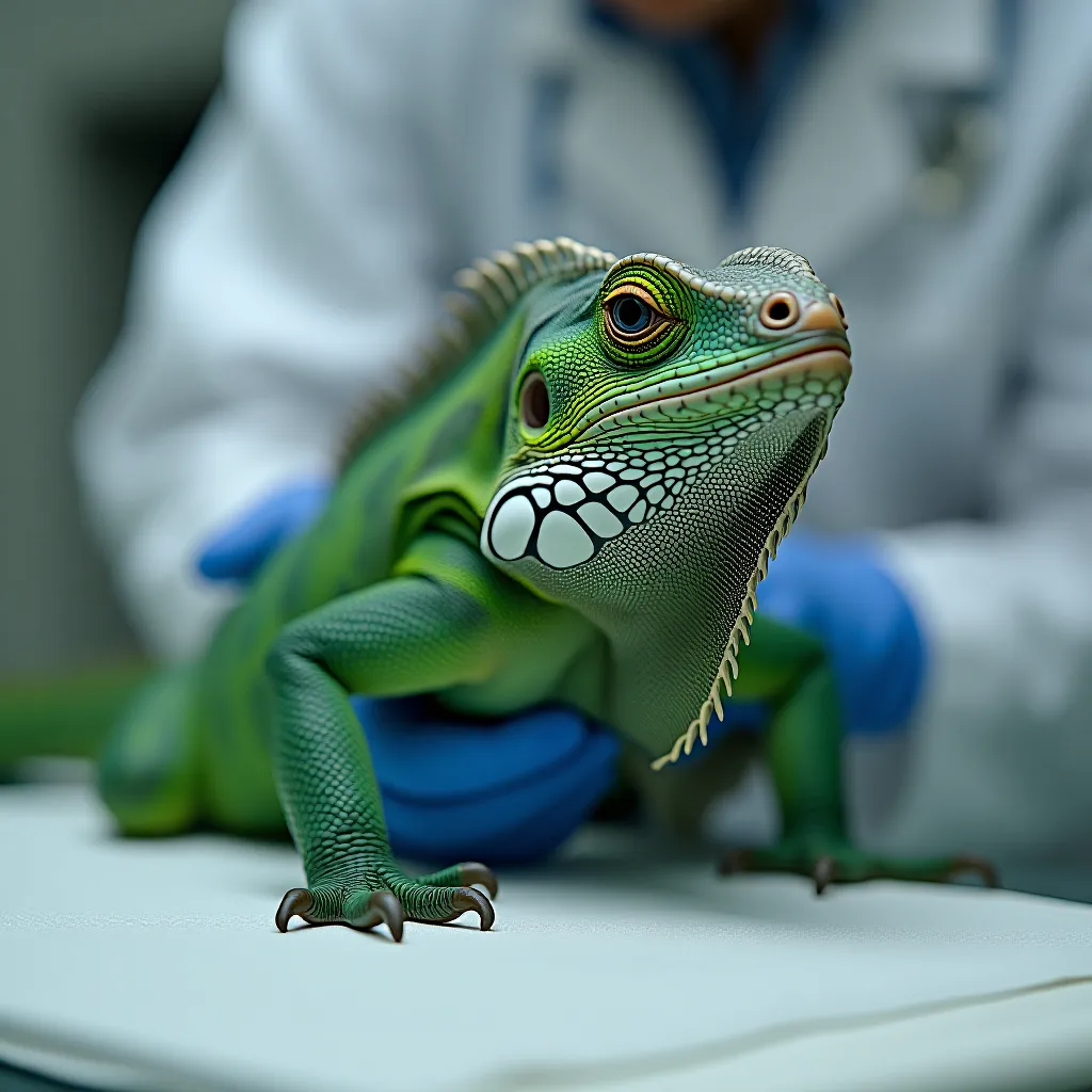 Veterinário examinando iguana verde — saúde e doenças comuns em répteis exóticos