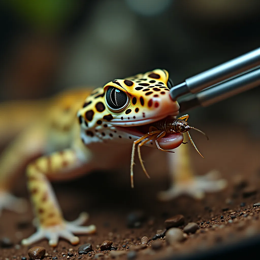 Gecko leopardo se alimentando com grilo — alimentação normal e sinais de anorexia