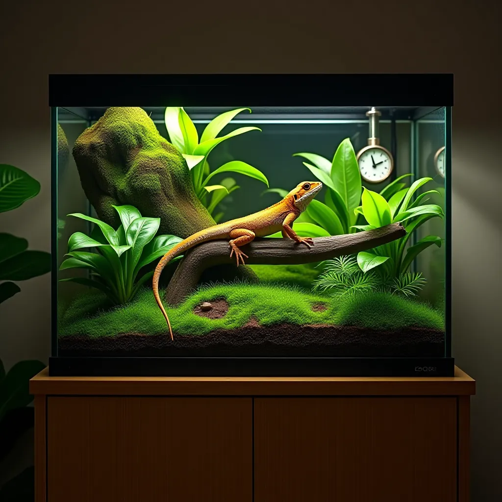 Setup completo para réptil exótico terrário com iluminação e plantas vivas legalizado