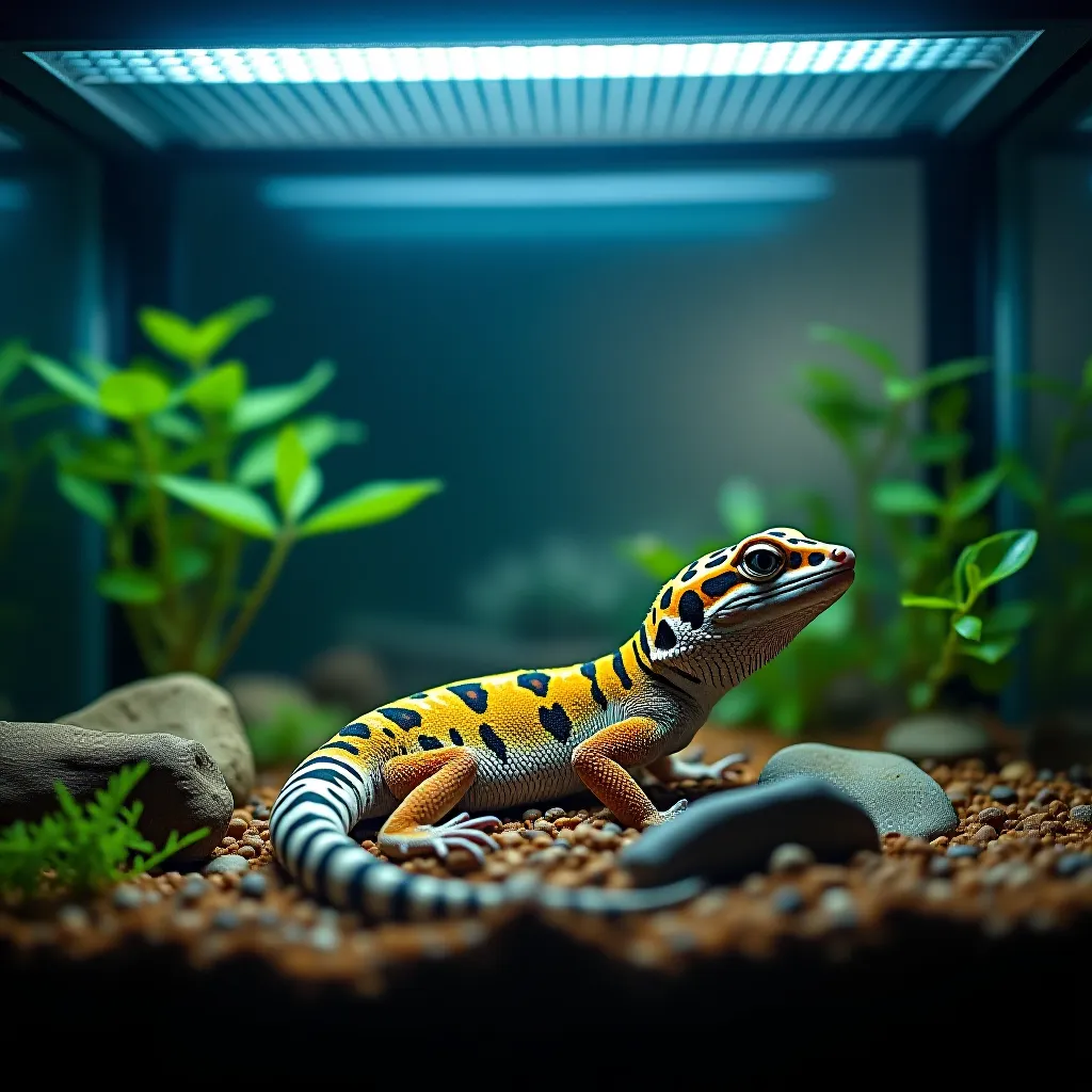 Terrário do gecko leopardo com gradiente de temperatura e lâmpada UVB configurados