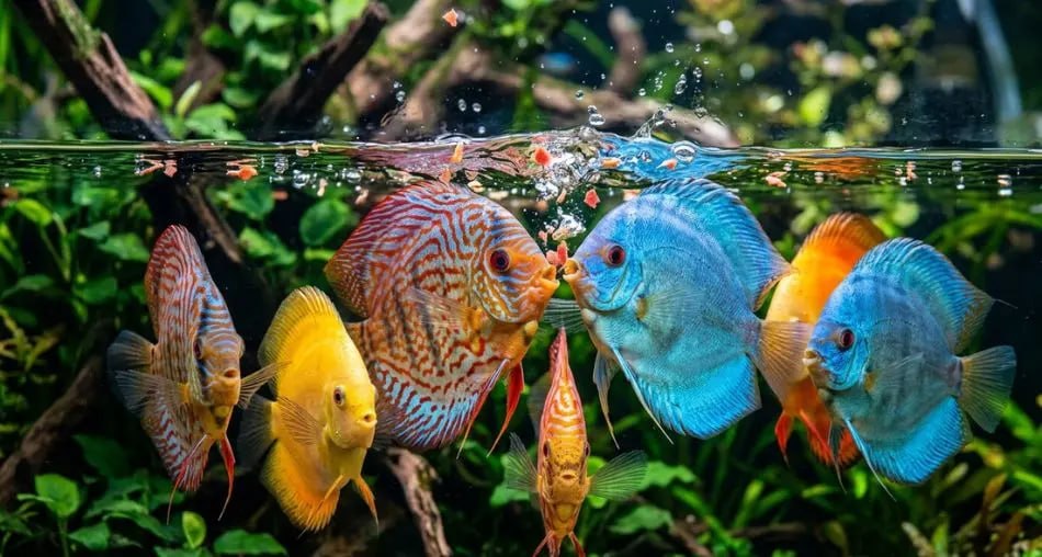 Aquario plantado montado para acara-disco com plantas aquaticas e troncos submersos