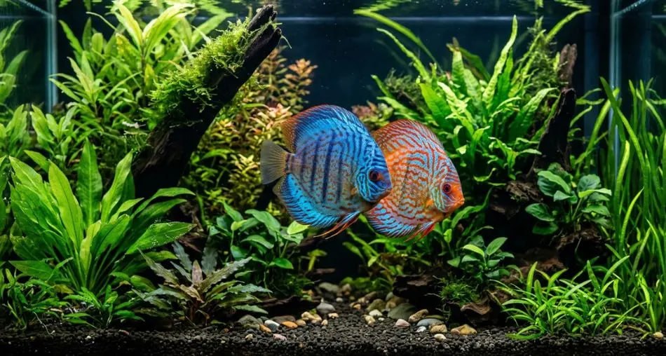 Casal de acara-disco protegendo ovos translucidos numa superficie vertical