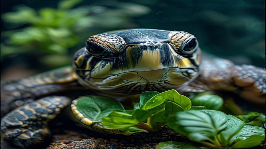 Uma pessoa alimentando uma tartaruga aquatica