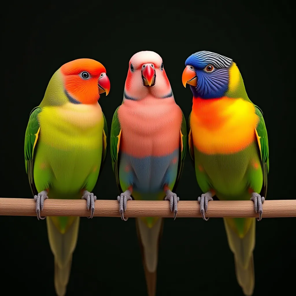 Tres especies diferentes de agapornis lado a lado num poleiro mostrando variedade de cores