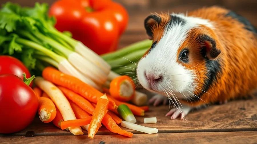 A photo do porquinho da Índia comendo seus frutos e legumes favoritos
