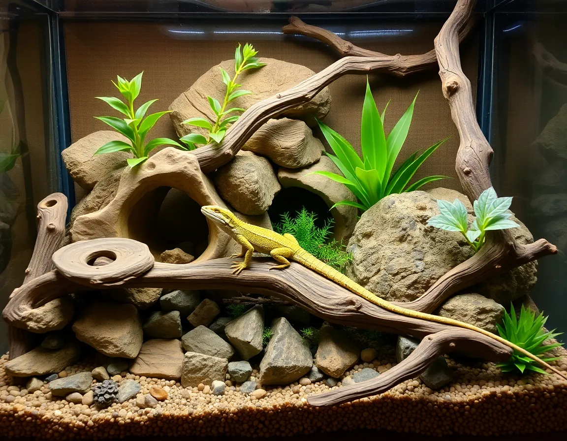 terrario decorado com rochas e plantas naturais