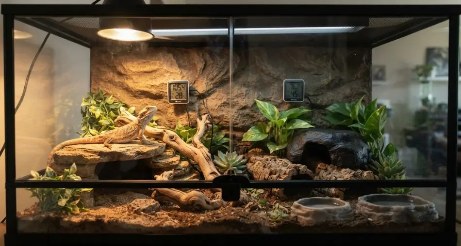 Bearded dragon terrarium showing a clear temperature gradient with a warm basking side and a shaded cool hide, digital thermometer visible, educational reptile care photography, natural warm light, 16:9