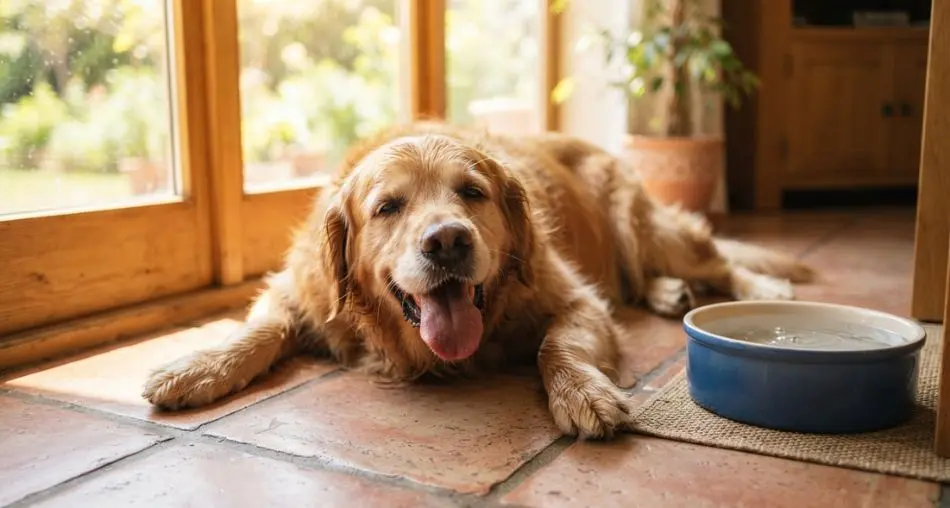 Golden retriever panting heavily lying on cool tile floor next to a water bowl, hot summer sunlight through window, warm natural light, realistic pet photography, shallow depth of field, 16:9