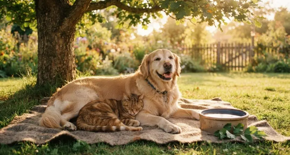 Happy dog and cat resting comfortably in the shade of a garden tree on a sunny day, water bowl nearby, warm golden hour light, heartwarming realistic pet photography, 16:9