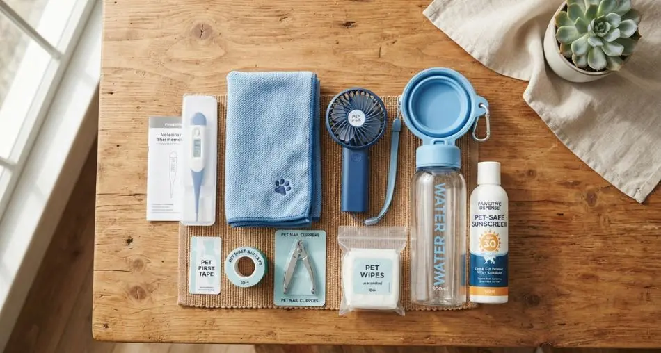 "Kit de verão essencial") Flat lay photography of a pet summer emergency kit: digital thermometer, small towel, portable fan, water bottle, pet-safe sunscreen, arranged on a wooden table, bright natural light, top-down shot, 16:9
