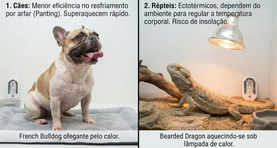 "Por que pets sofrem mais com o calor") Split comparison photography, French Bulldog with visible heavy panting on the left, bearded dragon basking under heat lamp on the right, clean studio lighting, educational veterinary photography style, 16:9
