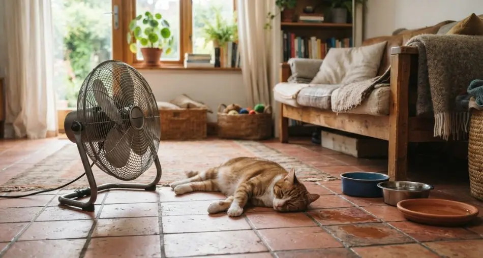 "Prevenção por espécie – Gatos") Cozy home interior with a fan blowing gently over a cat resting on a cool tile floor, multiple water bowls visible, soft daylight, lifestyle pet photography, 16:9