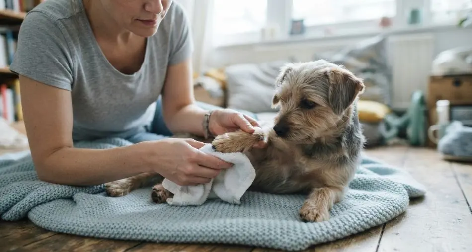  "Primeiros socorros") Close-up of hands gently wetting a dog's paw and belly with a damp towel, cool color palette, home first-aid scene, natural light, realistic photography, 16:9