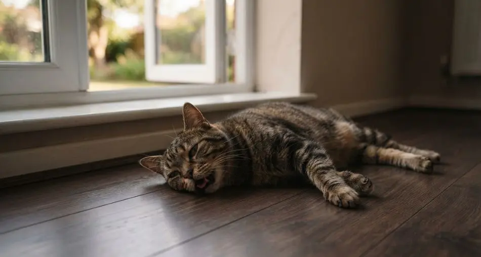 "Sinais de golpe de calor em gatos") Cat lying flat and lethargic on a cool dark wooden floor near an open window, soft afternoon light, calm muted tones, realistic photography, shallow depth of field, 16:9