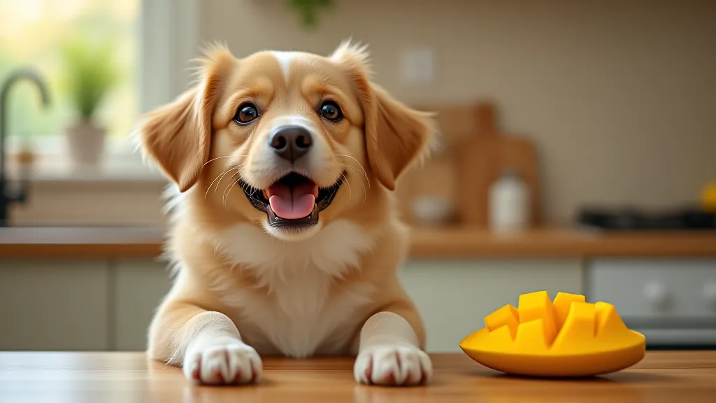 Cão sentado ao lado de manga fatiada sobre mesa de madeira